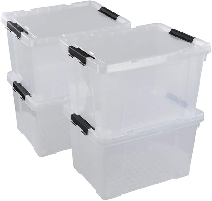Pekky 50 Quart Clear Storage Containers/Bins with Lid，Wheels and Latching Handles, Large Rolling Storage Plastic Box Tote(4Packs)