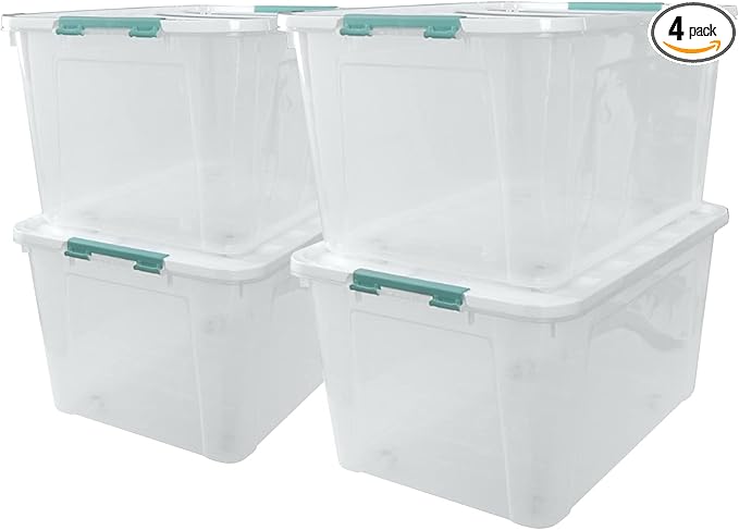 Pekky 85 Quart Clear Storage Bin on Wheels, 4-Pack Large Plastic Latching Box