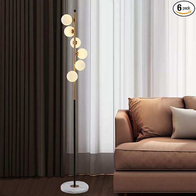 Modern Glass Globes Floor Lamp, 6 Lights Vertical Standing Lamps, Mid Century Floor Lamp, Elegant Floor Lamps with Stable Base for Living Room Bedroom Office