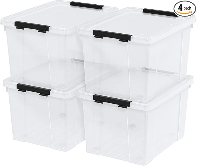 4-Pack Plastic Storage Bins with Lid, Latching Stackable Utility Tote, 35 Quart, Clear