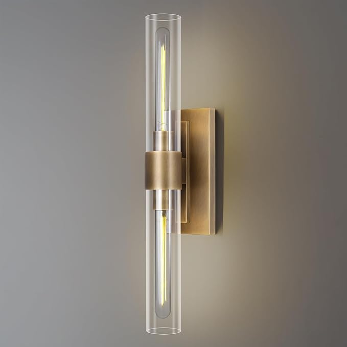 Brass Bathroom Vanity Wall Sconces, 2-Light Glass Tube Wall Sconces, 24 Inch Horizontal or Vertical Linear Wall Sconces,Gold Vanity Light, Indoor Wall Sconces, E26 Bulb Included