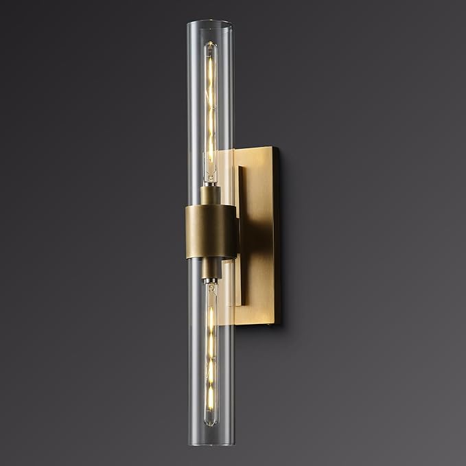 Brass Wall Sconce Light, 2-Light Bathroom Vanity Light Over Mirror, 22.8" Gold Dimmable Indoor Wall Sconce with Glass Tube, Horizontal or Vertical Linear Wall Lighting for Living Room