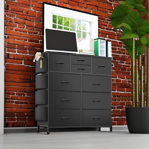 Lulive Dresser for Bedroom with 10 Drawers, Chest of Drawers with Side Pockets and Hooks, PU Storage Dresser, Organizer Unit for Living Room, Hallway, Closet (Black)