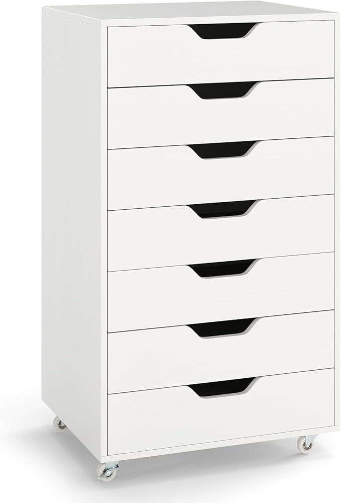 LOKO 7-Drawer Storage Cabinet, Versatile Drawer of Chest with Lockable Wheels, Mobile Office Lateral File Cabinet, for Home Office, Study (White, 16" D x 19.5" W x 34.5" H)