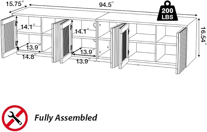 POVISON Full Assembled Mid Century Modern TV Stand, Wood Slatted Media Console for 75+ inch TV, Entertainment Center with Storage for Living Room, Low Cabinet with Removable Shelves
