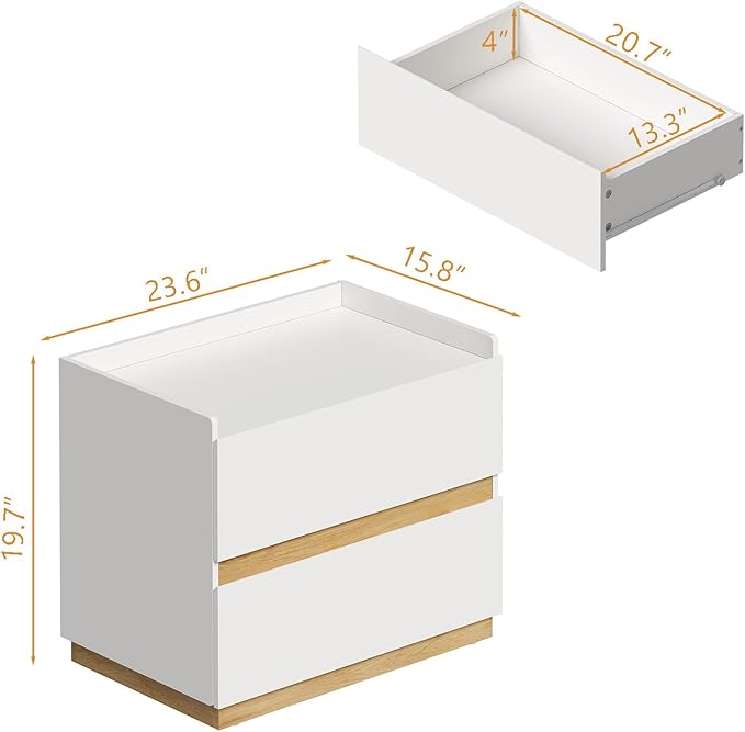 Large Modern Nightstand White Bedside Table, 2 Drawer Dresser Wood Stackable Storage Drawers for Clothes for Closet, Bedroom, 24"x16"x20"