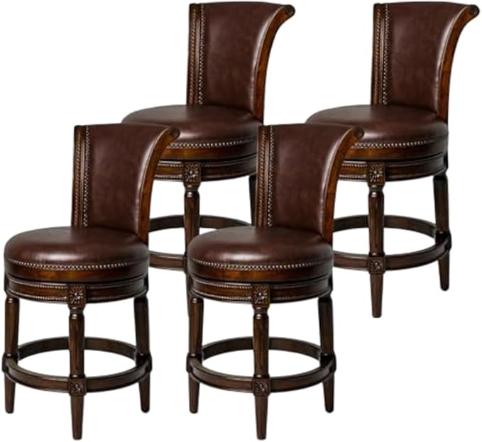 Maven Lane Pullman Counter Stool 26 Inches – Set of 4 – Swivel Stools with Footrest – Dark Brown Solid Wood Frame & Brown Faux Leather Upholstery – Perfect for Kitchen Islands & Counters