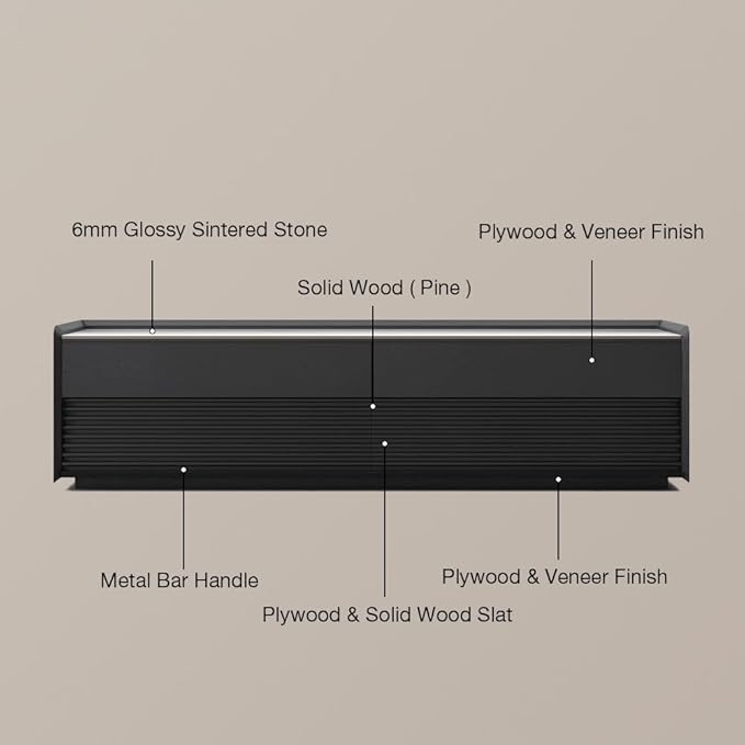 POVISON Fully-Assembled Mid Century Glossy Sintered Stone TV Stand, 94.49" Wood Media Console with Adjustable LED Light, Entertainment Center with Storage for Living Room