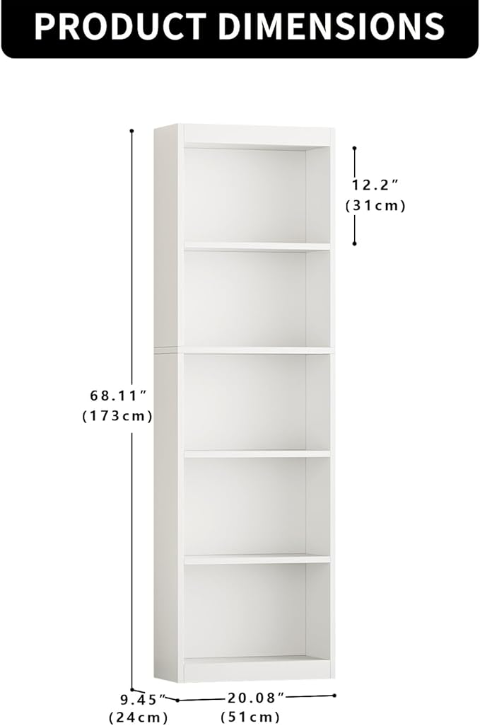 5-Tier Bookcase,Open Storage Shelf,Narrow Tall Book Shelf,Freestanding Display Storage Shelves Suitable for Home Office,Living Room and Bedroom,White