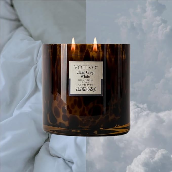 Votivo Clean Crisp White Tortoise Scented Candle | 22.7 oz Soy Wax Blend | Luxurious Cotton Scent | Decorative Home Decor Tortoiseshell Pattern | 100 Hour Burn Time