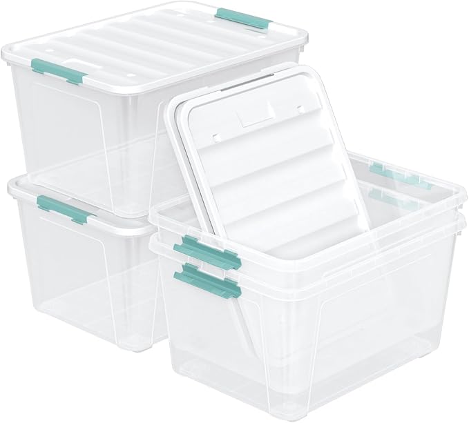 85 Quart Plastic Storage Bin with Latching Lid, Large Clear Storage Box, 4 Pack
