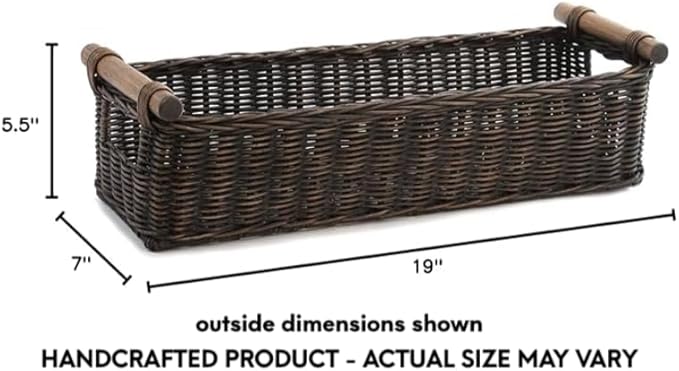 The Basket Lady Long Narrow Pole Handle Wicker Basket, Medium, 19 in L x 7 in W x 5.5 in H, Antique Walnut Brown
