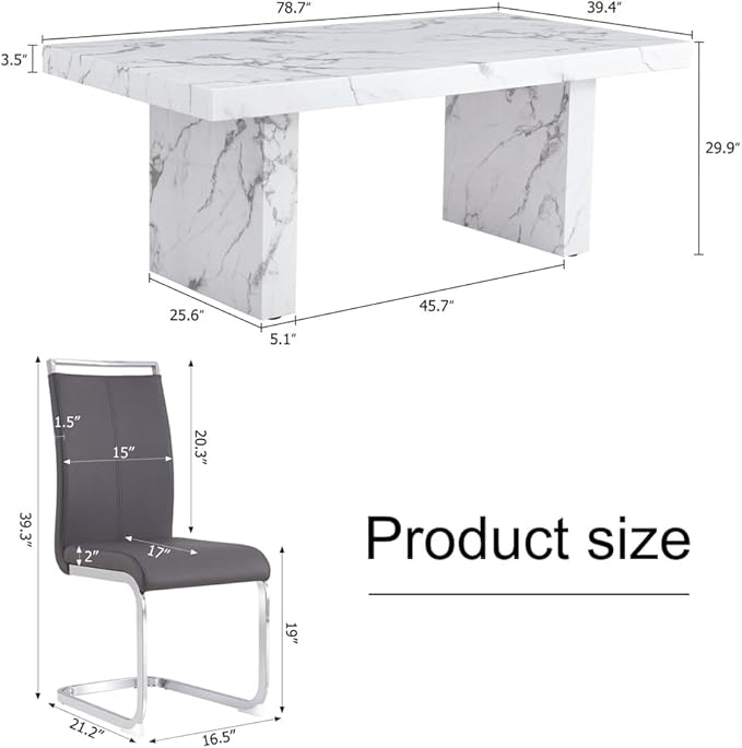 79'' Dining Table Set for 6, Dining Room Table Set for 6, 3.5'' Thick Faux Marble Table Top, MDF Table Legs, PU Ergonomic Dining Chair, for Dining Room