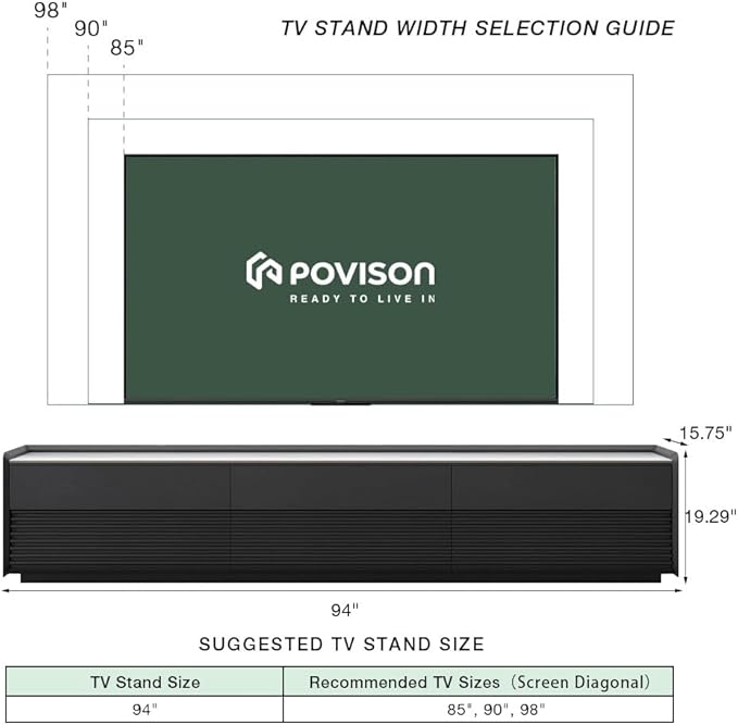 POVISON Fully-Assembled Mid Century Glossy Sintered Stone TV Stand, 94.49" Wood Media Console with Adjustable LED Light, Entertainment Center with Storage for Living Room