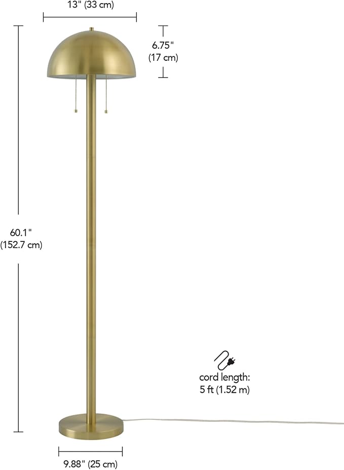 GLOBE Electric 65786 Haydel 60" 2-Light Floor Lamp, Matte Brass, Double On/Off Pull Chain, Bulb Not Included