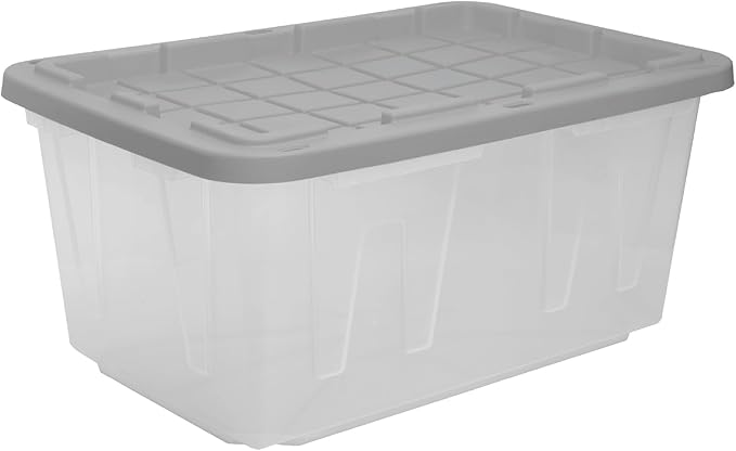 CX BLACK & YELLOW, 27-Gallon Heavy Duty Clear Storage Container & Snap-Tight Lid, Clear & Grey (14.3"H x 20.6"W x 30.6"D), Weather-Resistant, Stackable, See-Through Organization Tote [4 Pack]