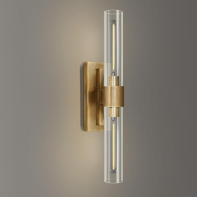 Wall Sconce, Brass Sconce for Bathroom Vanity, Gold Mirror Wall Light, 22.8" Indoor Wall Light Fixtures, Two Glass Tube Brass Wall Sconce for Bathroom, Bedroom, Vanity, Living Room