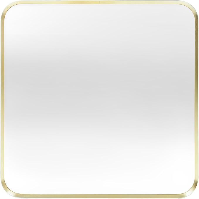 Wall Mount Mirror for Bathroom, Brushed Gold Metal Framed Rounded Corner Square Rectangular Vanity Mirror (30" x 30", Gold)