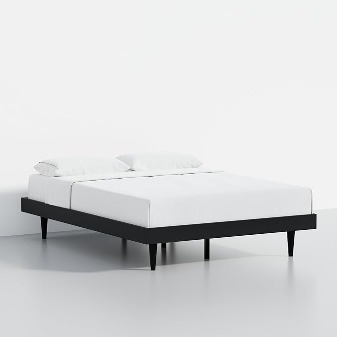HavenWood Modern Solid Wood Platform Bed Base with Inset Wood Legs – No Box Spring Needed,Fast Assembly – Full Size in Black (No Headboard)