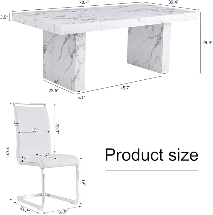 79'' Dining Table Set for 8, Dining Room Table Set for 8, 3.5'' Thick Faux Marble Table Top, MDF Table Legs, PU Ergonomic Dining Chair, for Dining Room