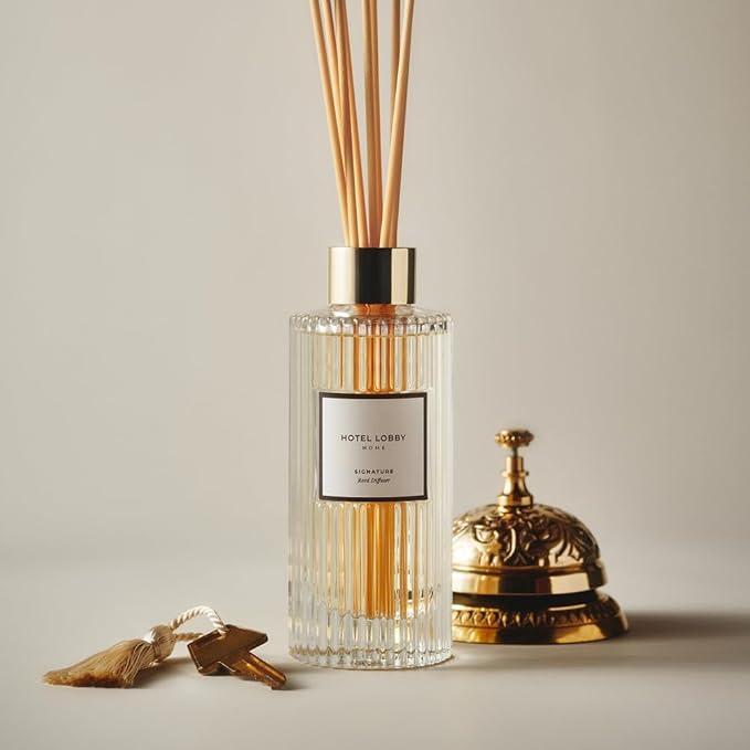 Hotel Lobby Signature Reed Diffuser – Long Lasting – Agarwood, Vetiver & Atlas Cedar – Refillable Glass Vessel – 9 Diffuser Reeds – Made in USA – 5.0 fl oz (150ml), 10 ¾” H