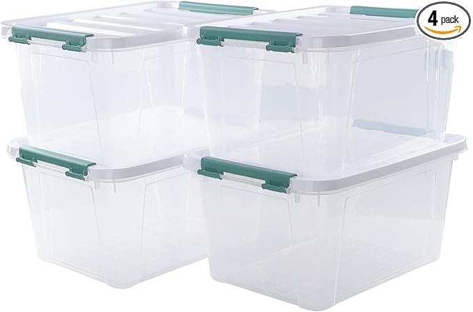 4-pack 20 Quarts Clear Boxes with Lids, Plastic Latch Storage Totes
