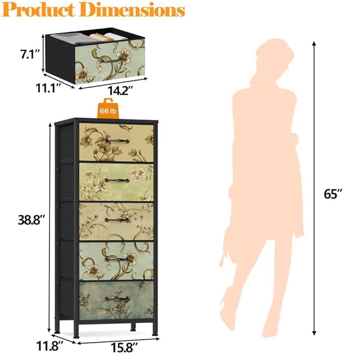 Furnulem Vertical Dresser for Bedroom, Tall Skinny Storage Tower with 5 Fabric Drawers, Chest of Drawers for Living Room, Dorm, Entryway, Vintage Furniture, Wood Top