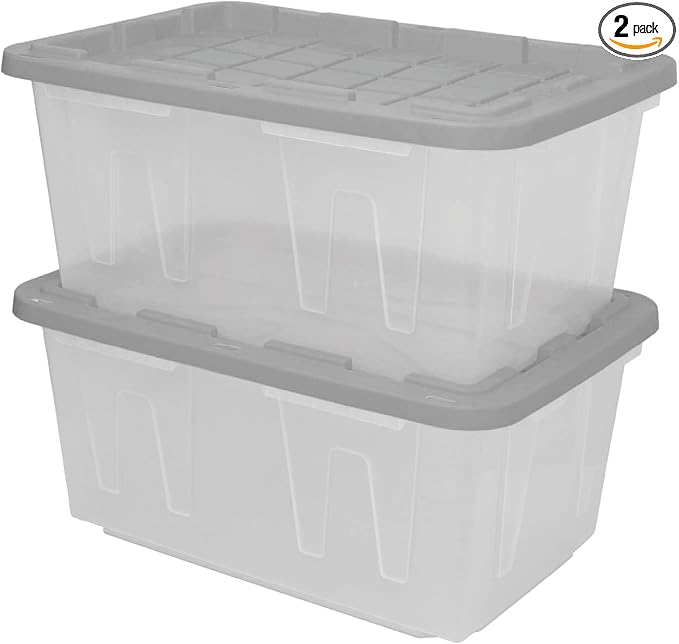 CX BLACK & YELLOW, 27-Gallon Heavy Duty Clear Storage Container & Snap-Tight Lid, Clear & Grey (14.3"H x 20.6"W x 30.6"D), Weather-Resistant, Stackable, See-Through Organization Tote [2 Pack]