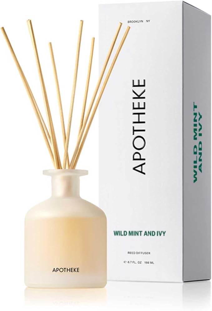 Apotheke Luxury Scented Reed Diffuser for Home, Wild Mint & Ivy - 6.7 Fl Oz Essential Oil Aromatherapy - 10 Rattan Scent Sticks Room Diffuser - Long-Lasting Fragrance for Bedroom, Home, Bathroom