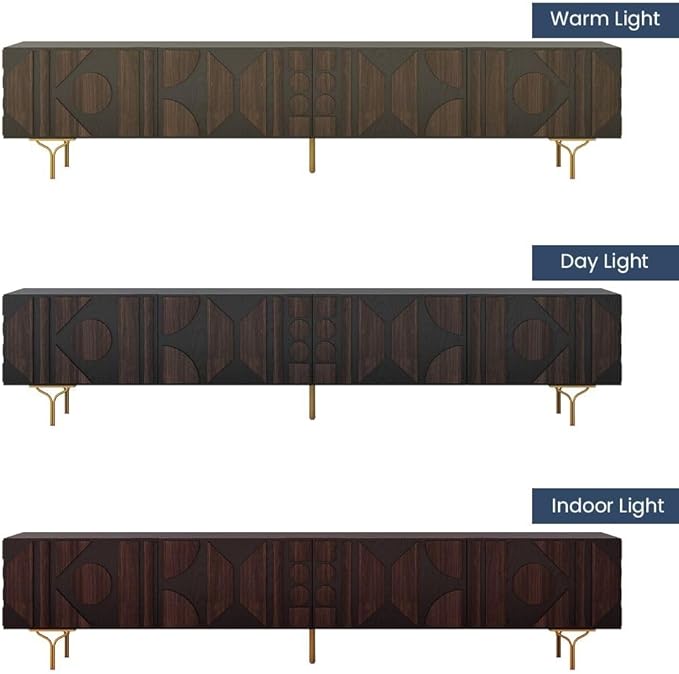 POVISON 94'' Smoky Black Fully Assembled TV Stand with Storage, Mid Century Modern TV Stand, Entertainment Center for Living Room, Wood Media Console TV Cabinet for 85 Inch TV, Metal Legs