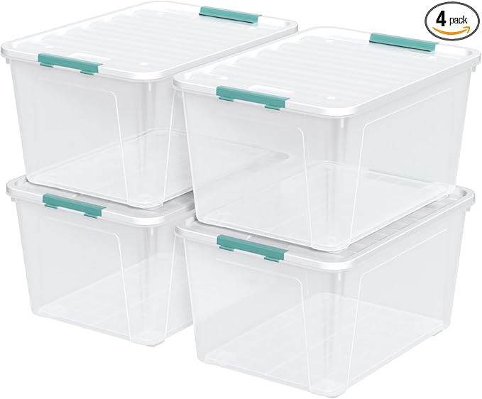 85 Quart Plastic Storage Bin with Latching Lid, Large Clear Storage Box, 4 Pack