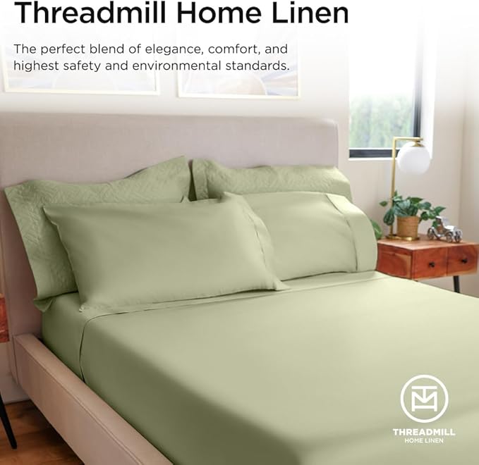 Threadmill 100% Cotton Sheets for Full Size Bed - 600 Thread Count Full Bed Sheets Set with 16” Deep Pocket - Sateen Weave 4-Piece Bedding Set with Cooling Effect, Sage Green