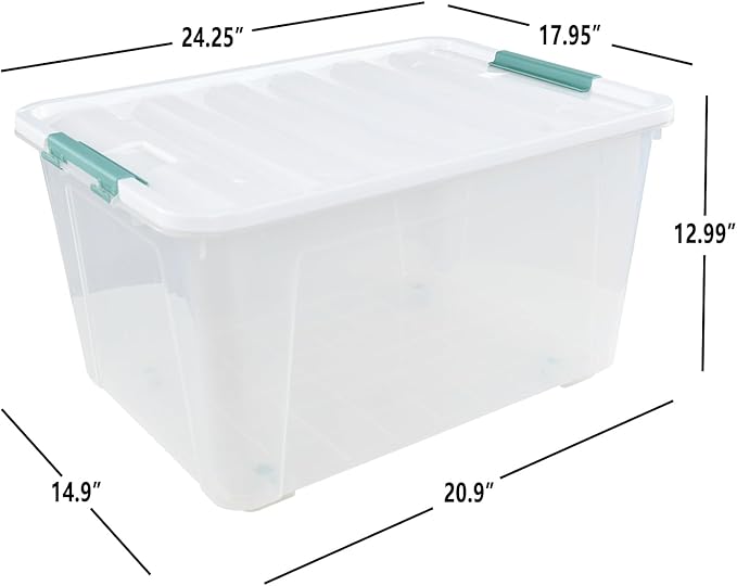 85 L Clear Latch Storage Bin with Lid and Wheels, Stackable Plastic Storage Boxs, 4 Packs