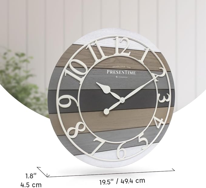 Presentime & Co Modern Farmhouse Shiplap Clock, 19.5 inch, White Arabic Numerals with Multicolor Woodgrain Shiplap Style. Large Farmhouse Decor for Living Room, Entryway, Home Office. Wall Décor