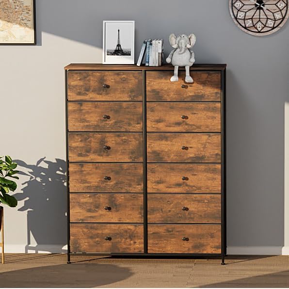 Arlopu 12-Drawer Dresser, 35.2’‘ Widened 6-Layer Fabric Storage Tower w/Textured Print Fabric Bins, Tall Chest Organizer Unit for Living Room, Hallway, Nursery, Closets, Adjustable Feetpad