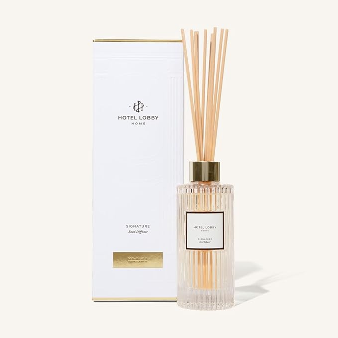 Hotel Lobby Signature Reed Diffuser – Long Lasting – Agarwood, Vetiver & Atlas Cedar – Refillable Glass Vessel – 9 Diffuser Reeds – Made in USA – 5.0 fl oz (150ml), 10 ¾” H