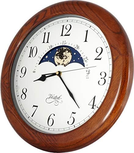 JUSTIME 14 Inch Exclusive Solid Oak Wood Non-Ticking Sweep Mechanical Specialty Moon Phase Moving Dial Wall Clock, Gift, Home Décor