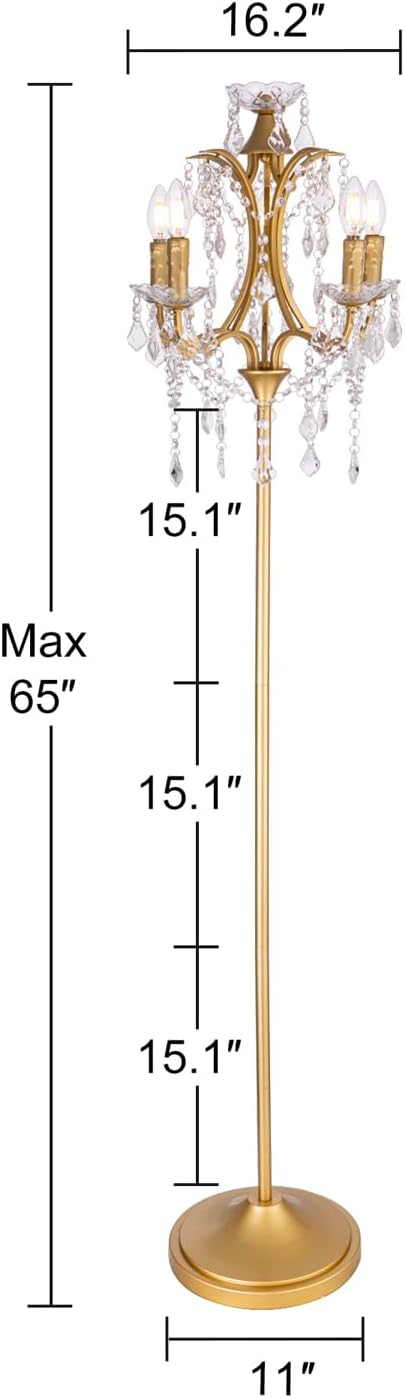 TOCHIC 5-Light Farmhouse Tranditional Crystal Floor Lamp, Gold Craft Candelabra Lighting Fixture 65'' Tall for Living Room, Dining Room, Entryway, Bedroom