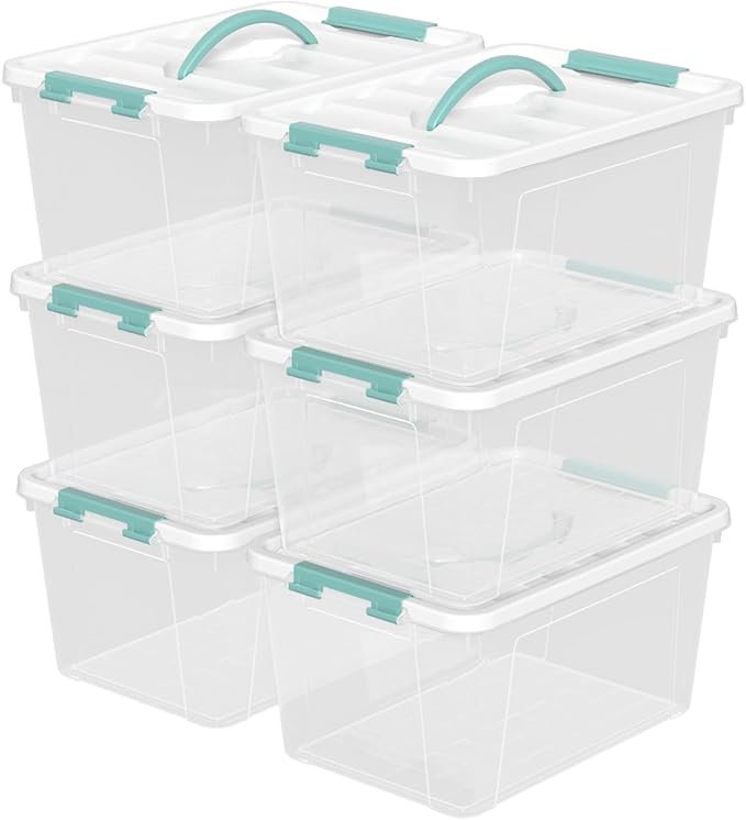 Plastic Storage Box with Lids, Clear Plastic Latching Bins, 14 Quart, Pack of 6
