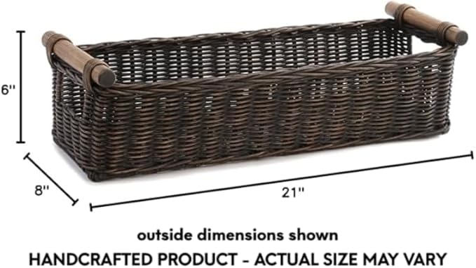 The Basket Lady Long Narrow Pole Handle Wicker Basket, Large, 21 in L x 8 in W x 6 in H, Antique Walnut Brown