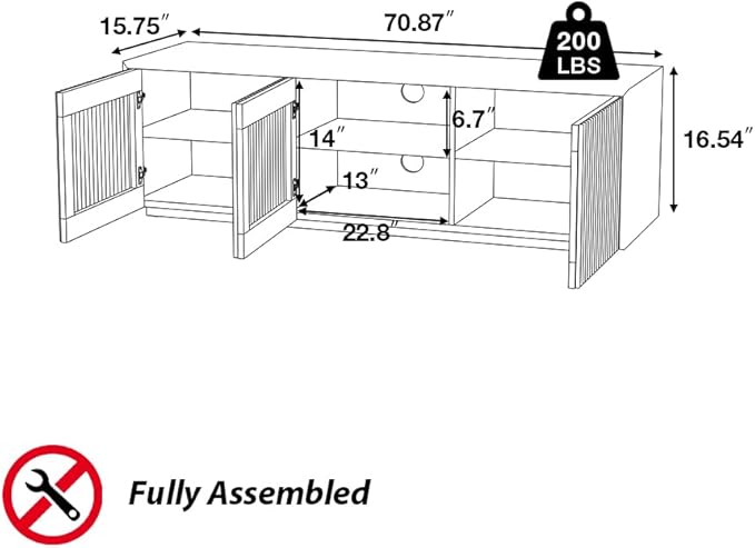 POVISON Full Assembled Mid Century Modern TV Stand, Black Entertainment Center for 65 inch TV, Wood Slatted Media Console with Storage, Low TV Cabinets for Living Room Bedroom, Oak Veneer