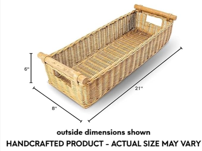 The Basket Lady Long Narrow Pole Handle Wicker Basket, Large, 21 in L x 8 in W x 6 in H, Sandstone