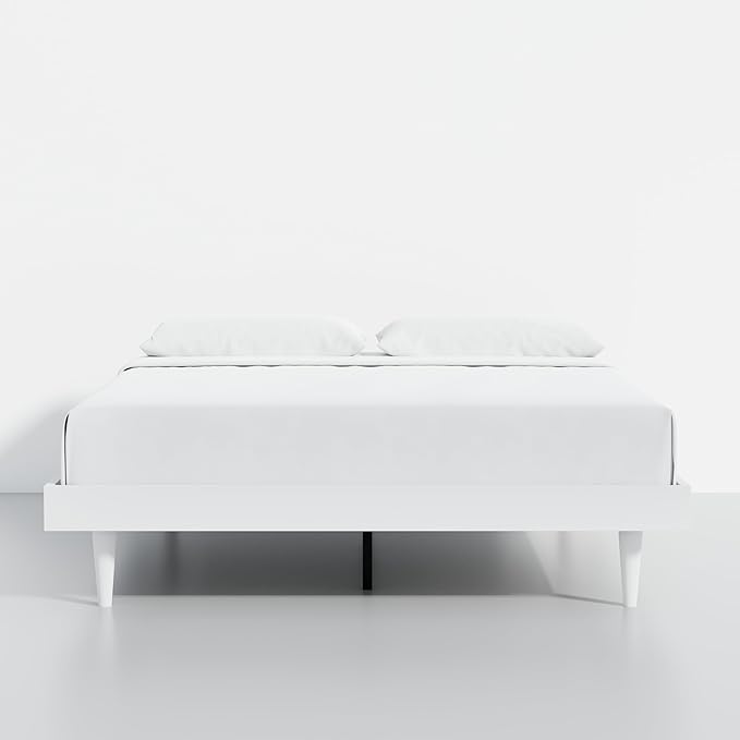 HavenWood Modern Solid Wood Platform Bed Base with Inset Wood Legs – No Box Spring Needed,Fast Assembly – Queen Size in White (No Headboard)