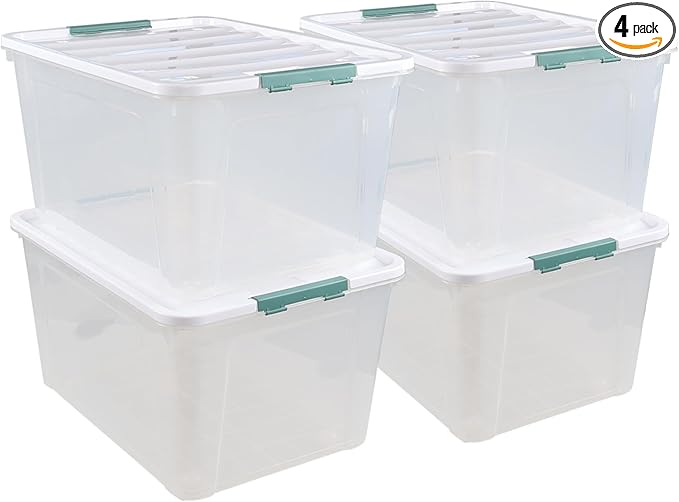 Readsky 85 Quart (21 Gallon) Clear Plastic Storage Bins with Wheels, Large Latching Boxes with Lids, 4 Packs