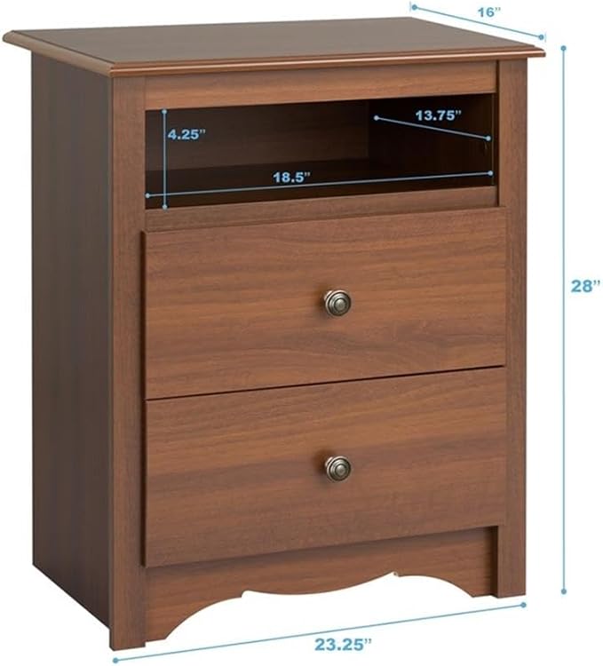 Prepac Sonoma 2 Drawer Nightstand: Elegant Bedroom Furniture, Bedside Table with Open Shelf, 23.25"W x 16"D x 28"H, Cherry