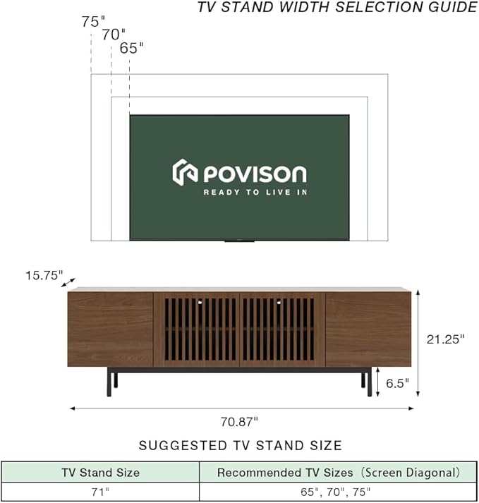 POVISON Mid Century Modern Sintered Stone TV Stand, Slatted Media Console TV Cabinet with Tall-cast Metal Legs, Fluted Entertainment Center with Storage, Fully-Assembled (Walnut, 70.87")