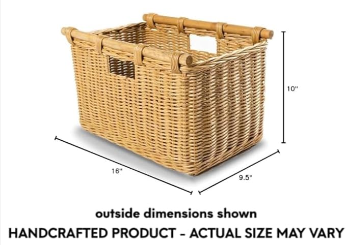 The Basket Lady Tall Narrow Wicker Storage Basket, Small, 16 in L x 9.5 in W x 10 in H, Sandstone