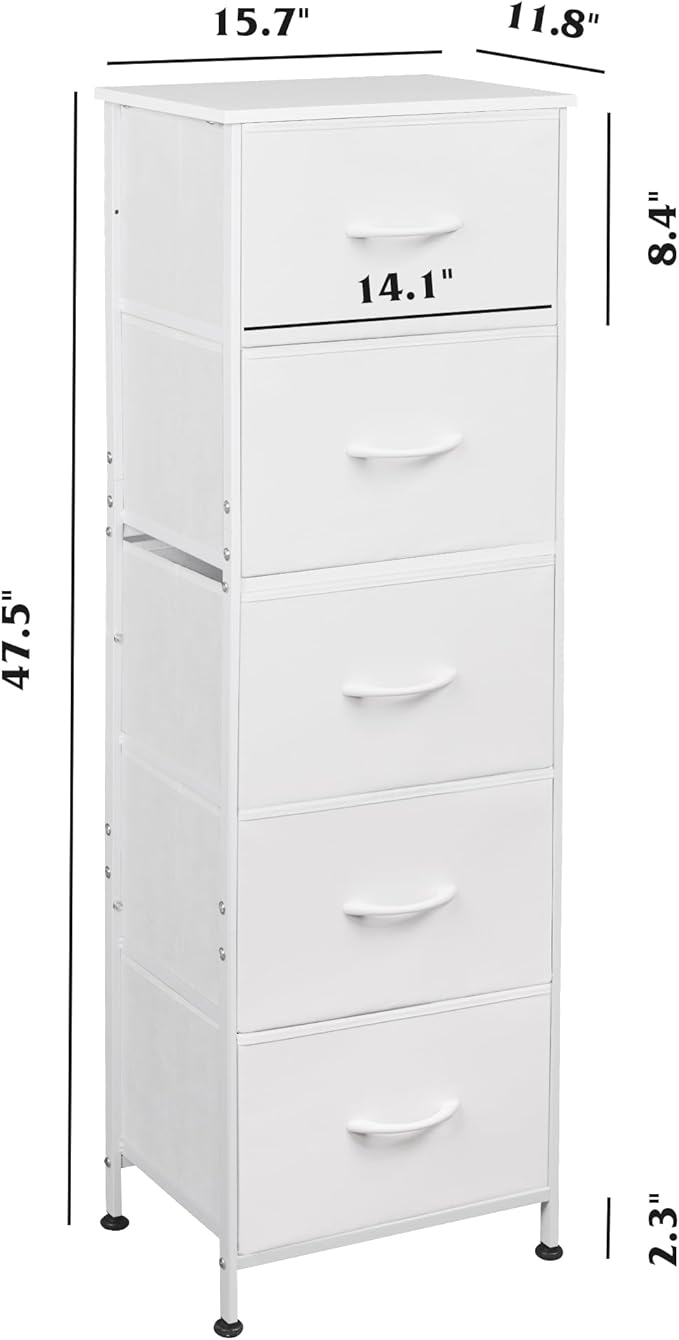 WLIVE Fabric Dresser, 5-Drawer Tall Dresser for Bedroom, Storage Dresser Organizer with Fabric Bins, Wood Top, Sturdy Steel Frame, Chest of Drawers for Closet, Hallway, White