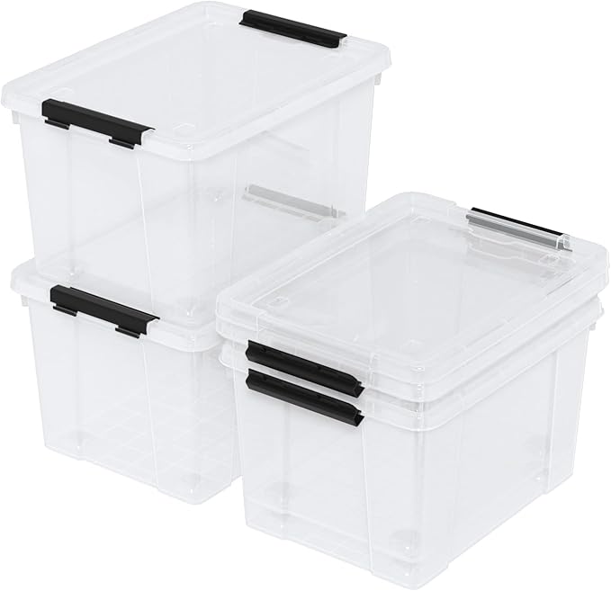 22 Qt Latching Storage Box, Stackable Bin with Latch Lid, Plastic Storage Container Tote, Clear, 4-Pack