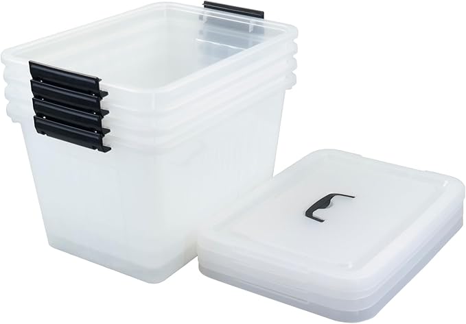 Readsky 18 Quart Plastic Latching Bin with Lids and Handle, Clear Plastic Storage Tote, 4 Packs